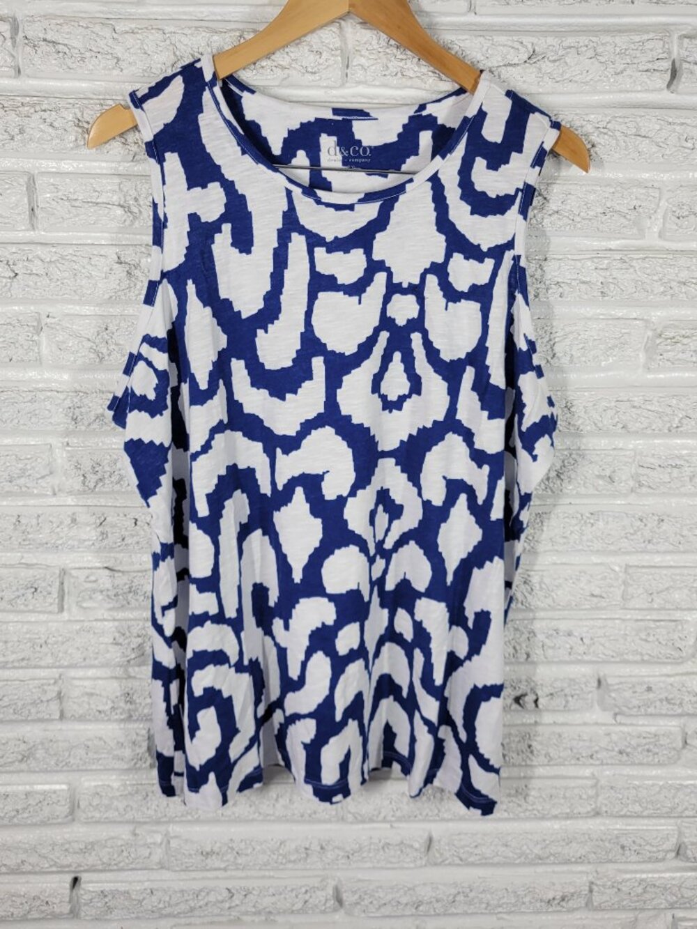 Denim & Co. XL Blue White Watercolor Tank Top Cotton Stretch Crew WAT42E